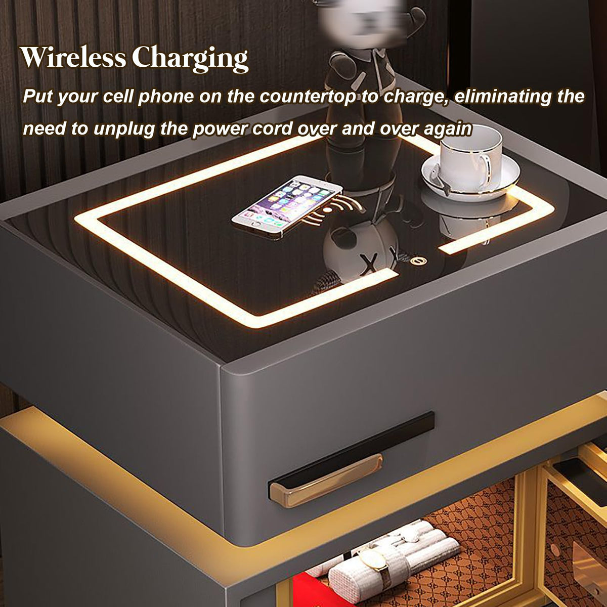 Light Gray Nightstand with Wireless Charging and Drawers B190428