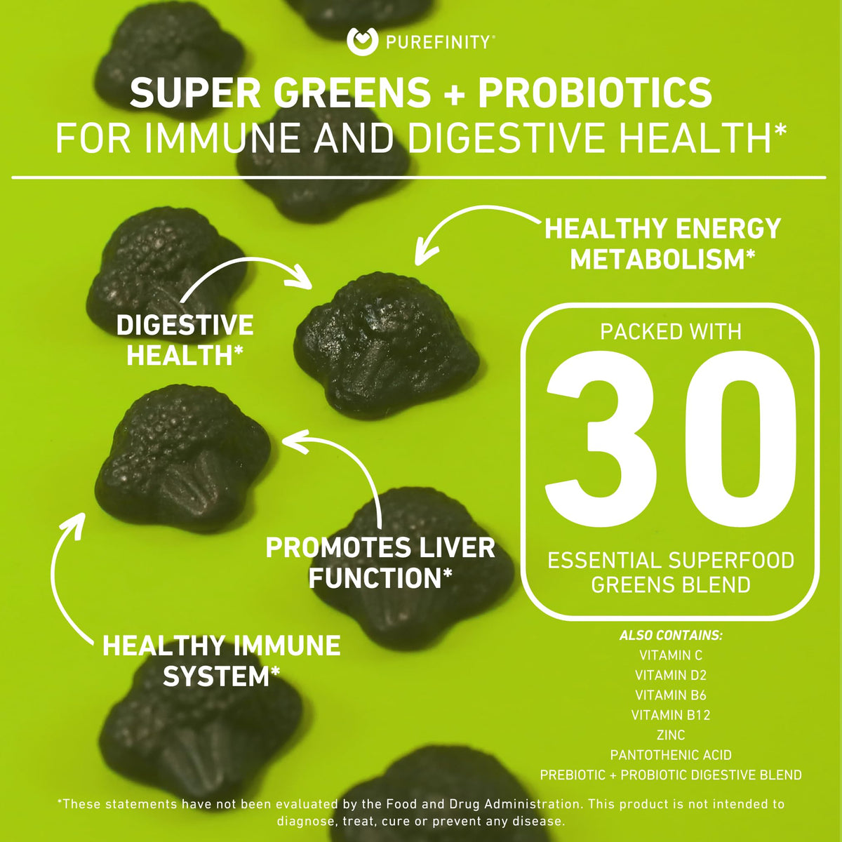 Super Greens Gummies with Spirulina, Spinach, Broccoli, Beet Root, Acai, Vegan, 60 Count Z222
