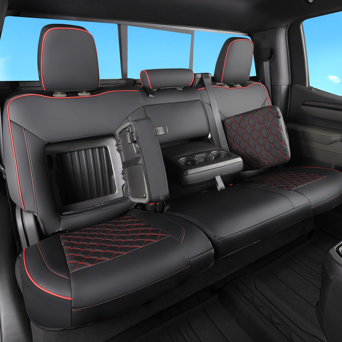 Faux Leather Seat Covers Full Set Black with Red Trim A4137