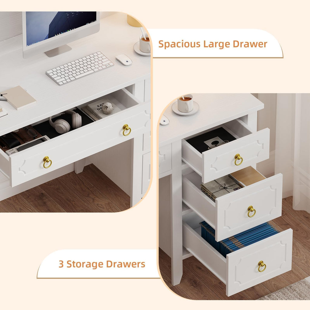 47" White and Gold Desk with Hutch and 4 Drawers X15545