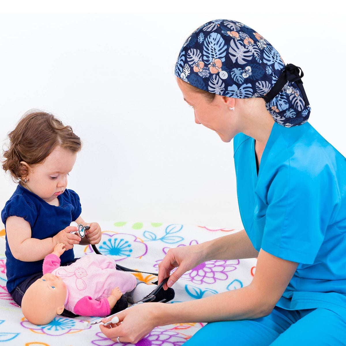 30 Pcs Scrub Caps with Buttons and Ribbon D1669