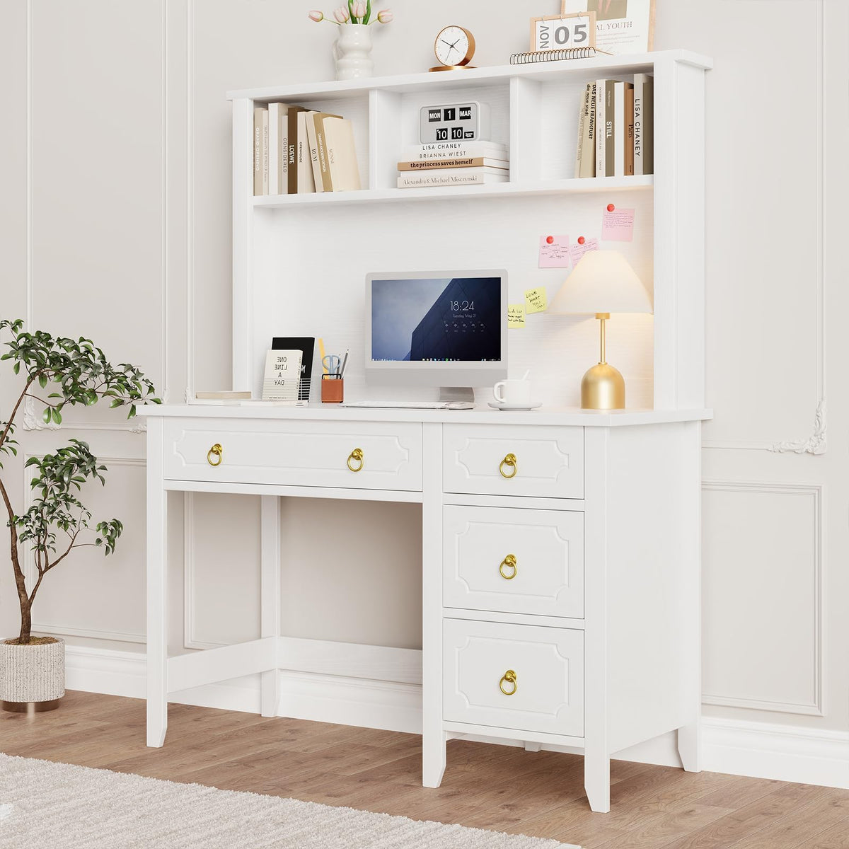47" White and Gold Desk with Hutch and 4 Drawers X15545