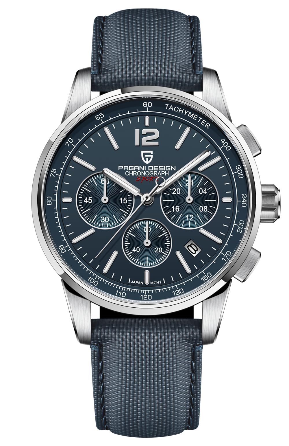 Men's Quartz Chronograph Watch, 100M Water Resistant Stainless Steel, Sapphire Glass, Nylon Strap E169