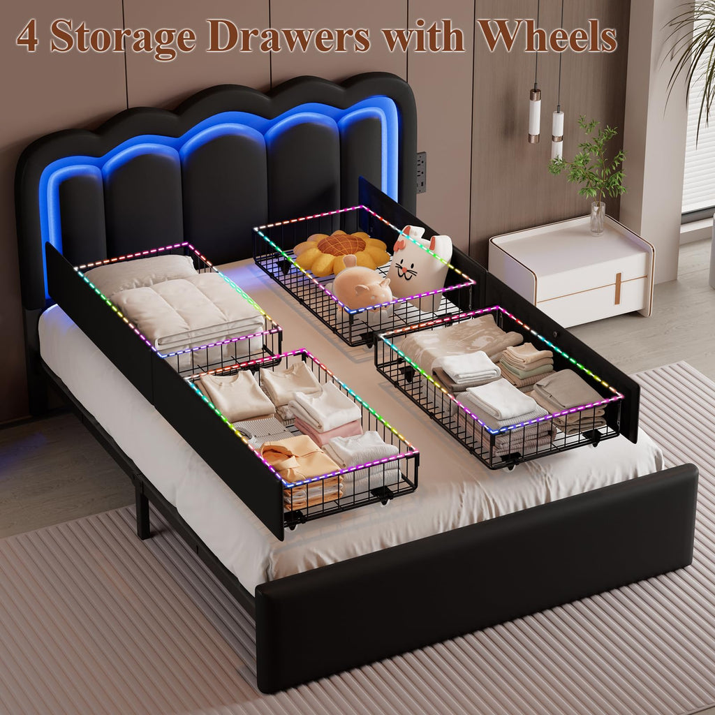 Full Size Bed Frame with LED Lights and Storage Drawers, Black R2490