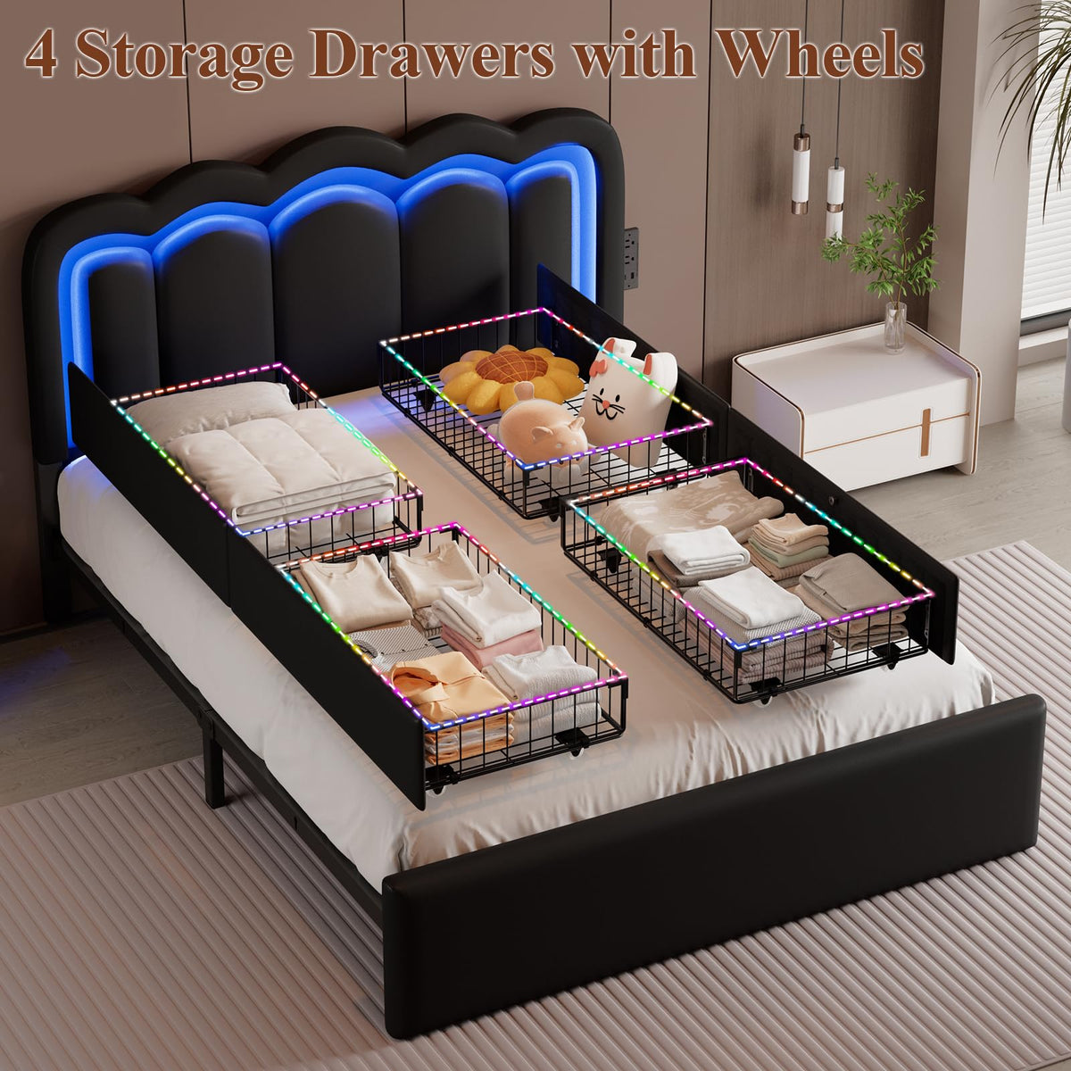 Full Size Bed Frame with LED Lights and Storage Drawers, Black R2490