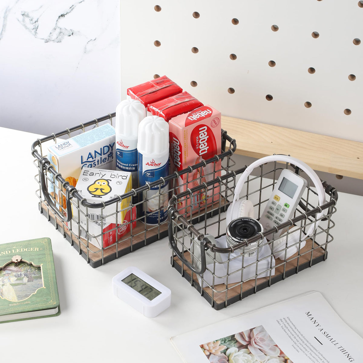 13.8" Wide Rectangular Metal Wire Basket with Wooden Bottom D484