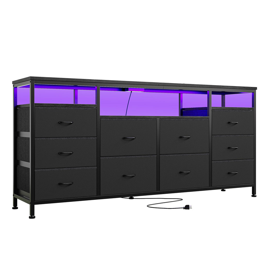 Black 10 Drawer Fabric Dresser with LED Lights & Charging Ports H293
