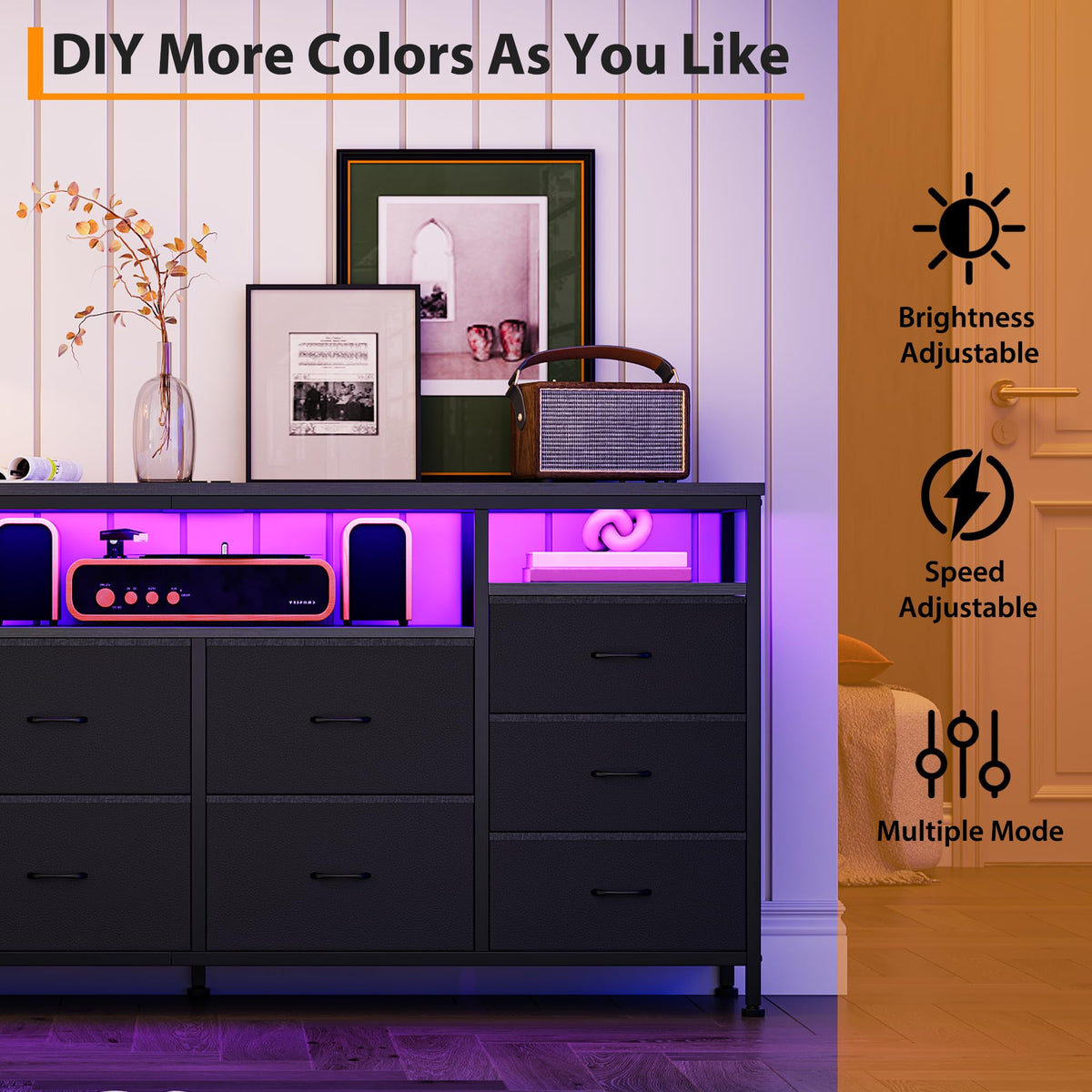 Black 10 Drawer Fabric Dresser with LED Lights & Charging Ports H293