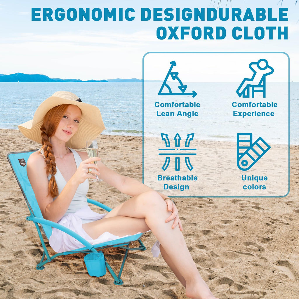 2 Pack Blue Low Beach Chair with Cup Holder and Carry Bag V6662