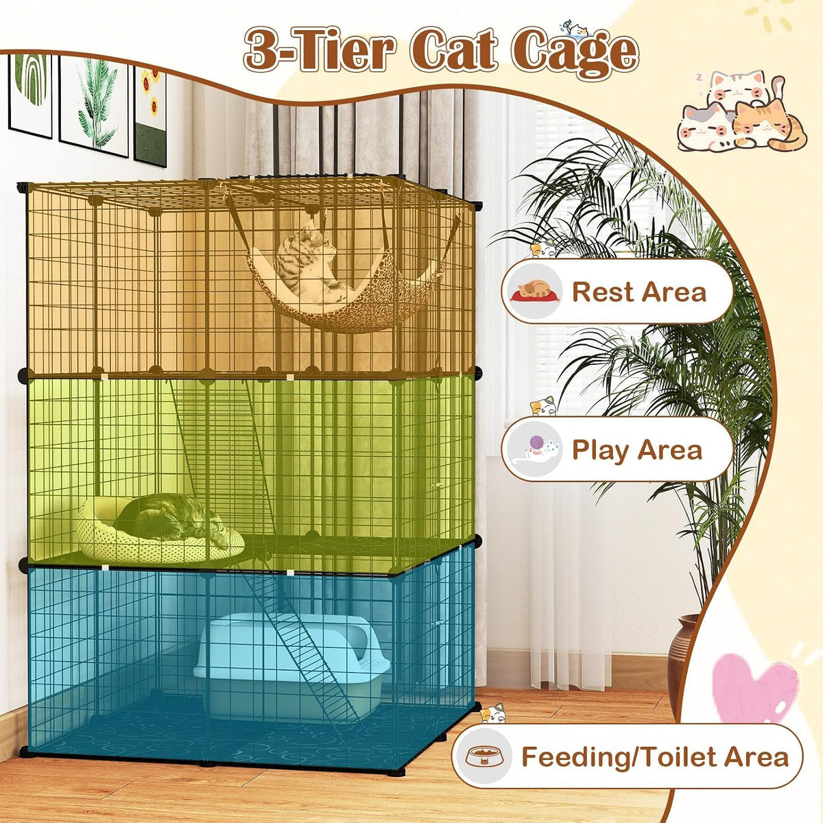 3-Tier Wire Metal Cat Enclosure with Hammock O162