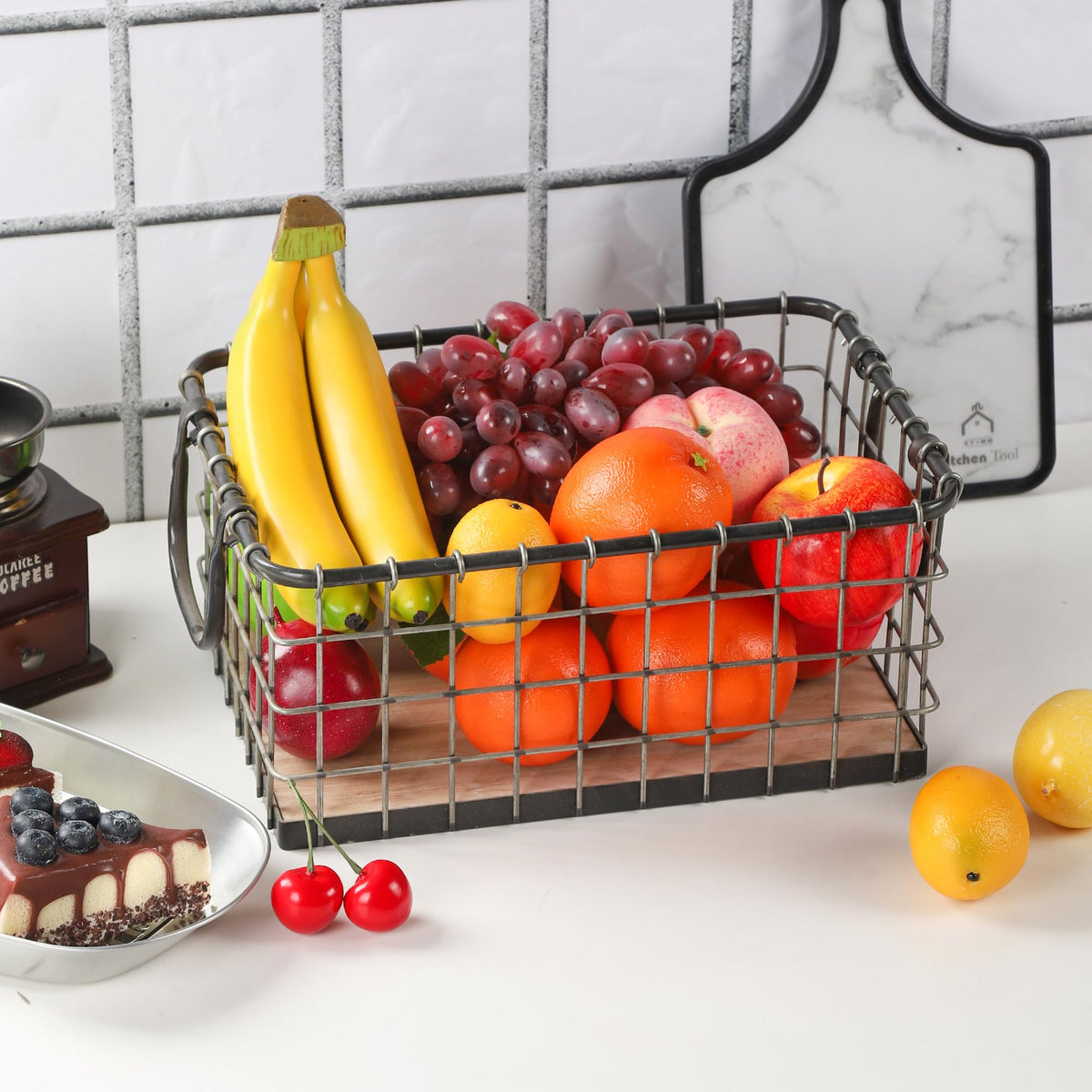 13.8" Wide Rectangular Metal Wire Basket with Wooden Bottom D484
