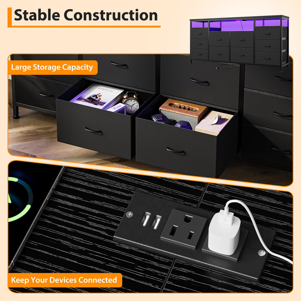 Black 10 Drawer Fabric Dresser with LED Lights & Charging Ports H293
