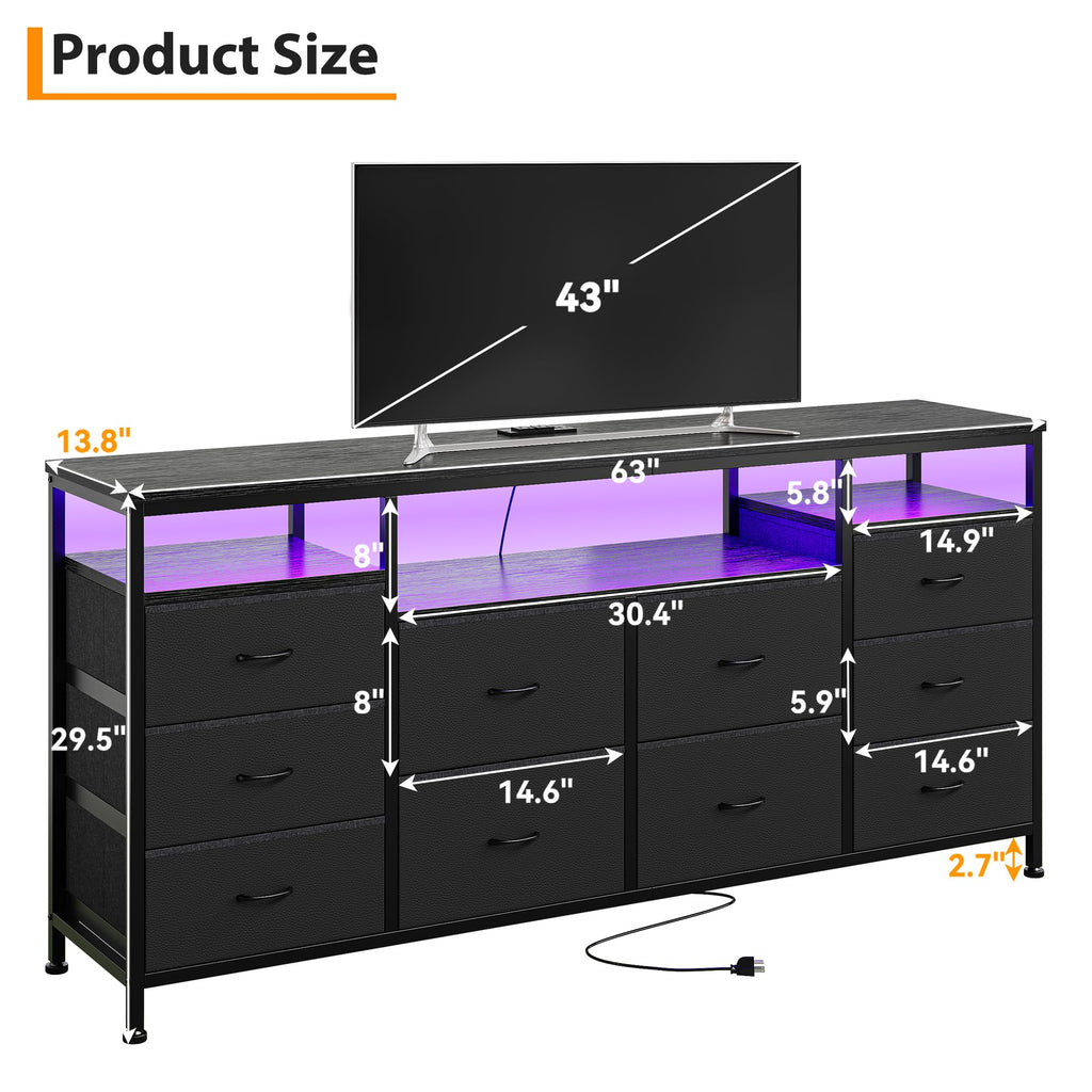 Black 10 Drawer Fabric Dresser with LED Lights & Charging Ports H293