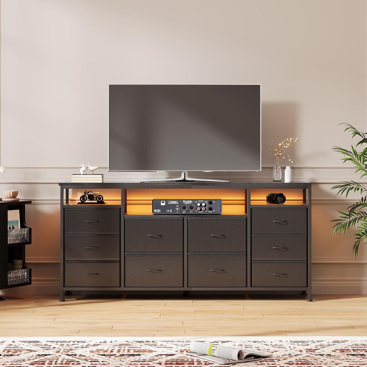 Black 10 Drawer Fabric Dresser with LED Lights & Charging Ports H293