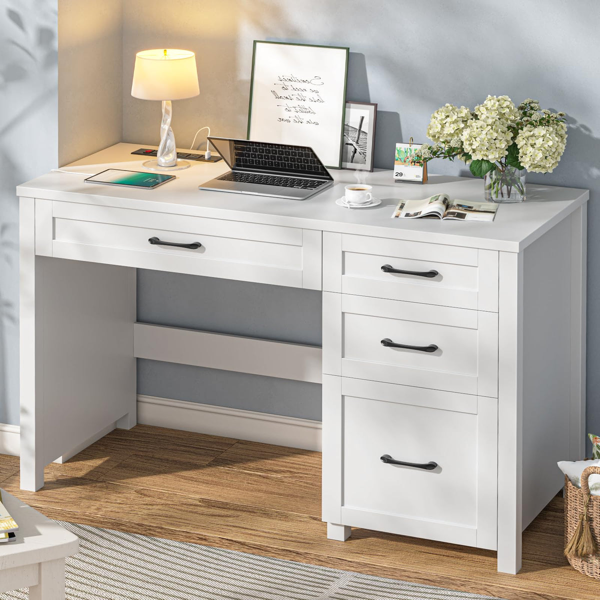 47" Cream White Executive Desk with File Drawer Y38332