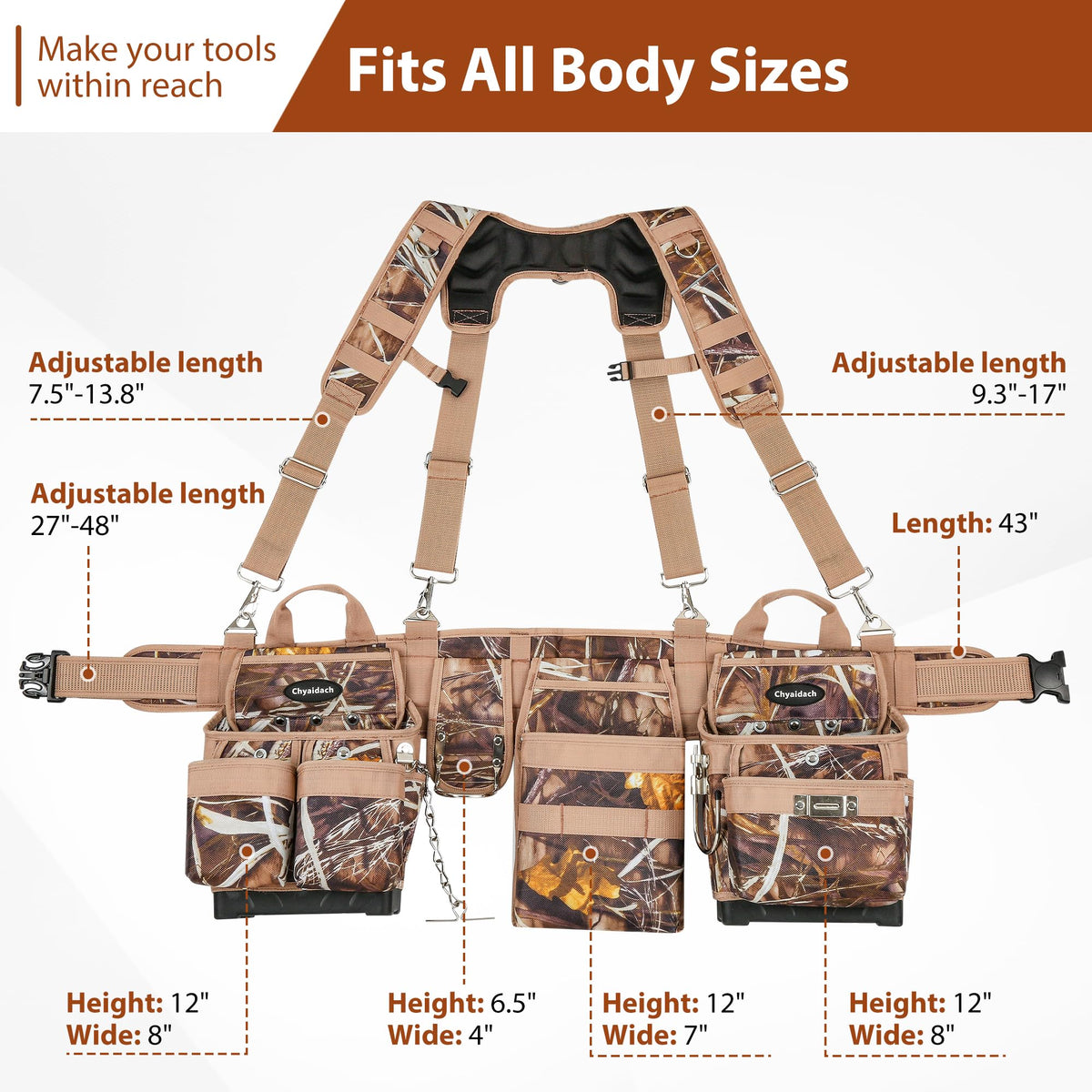 Camo 7 Piece Tool Belts with Suspenders and Pouches S7782