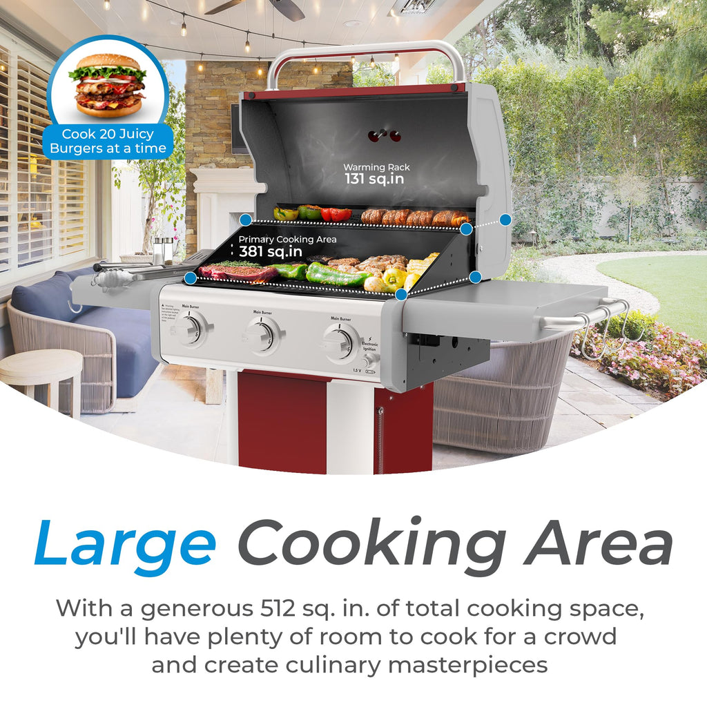 3-Burner Liquid Propane Gas Grill with Folding Sides, Wheels, 30000 BTU, Red P284