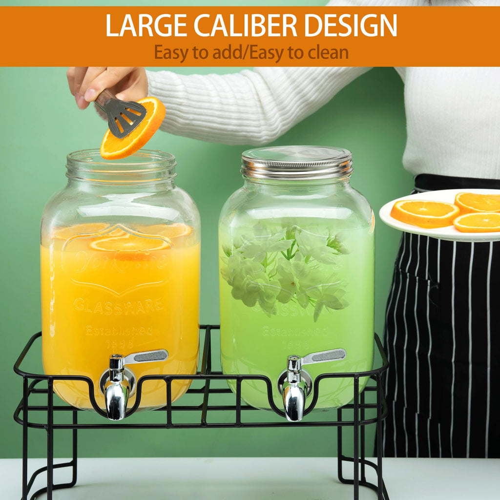 1 Gallon Glass Beverage Dispenser with Stand, Ice Cylinder and Stainless Steel Spigot, 2 Pack I52313