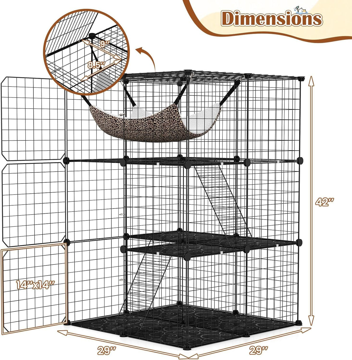 3-Tier Wire Metal Cat Enclosure with Hammock O162