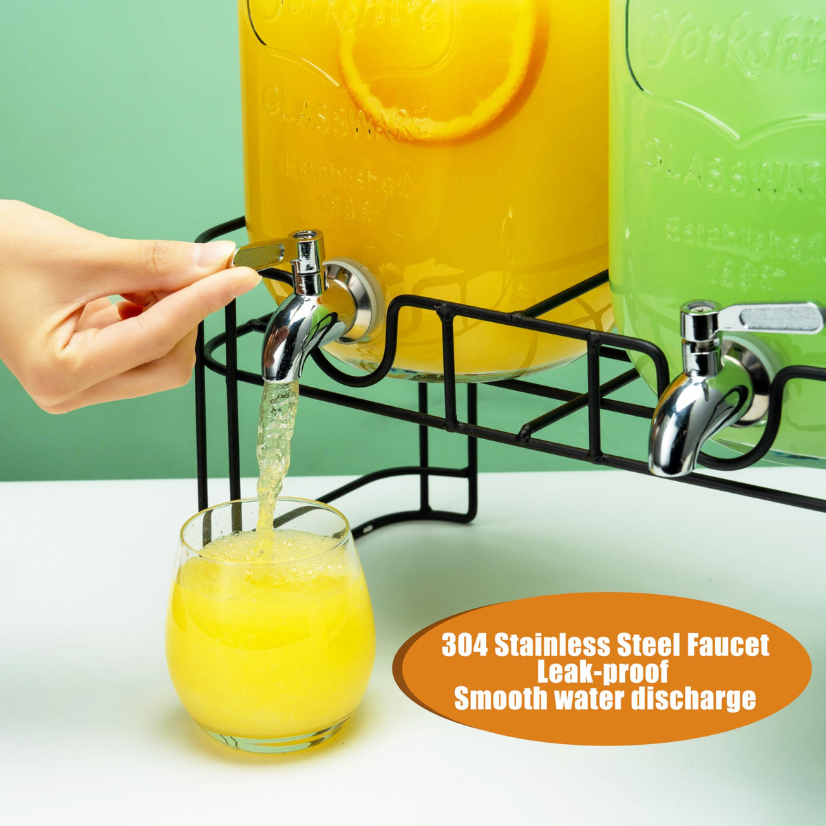 1 Gallon Glass Beverage Dispenser with Stand, Ice Cylinder and Stainless Steel Spigot, 2 Pack I52313