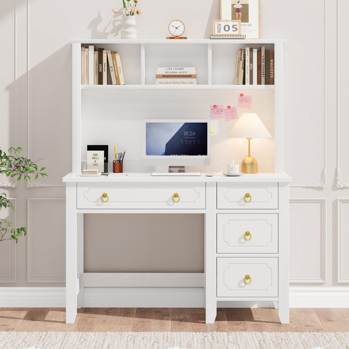 47" White and Gold Desk with Hutch and 4 Drawers X15545