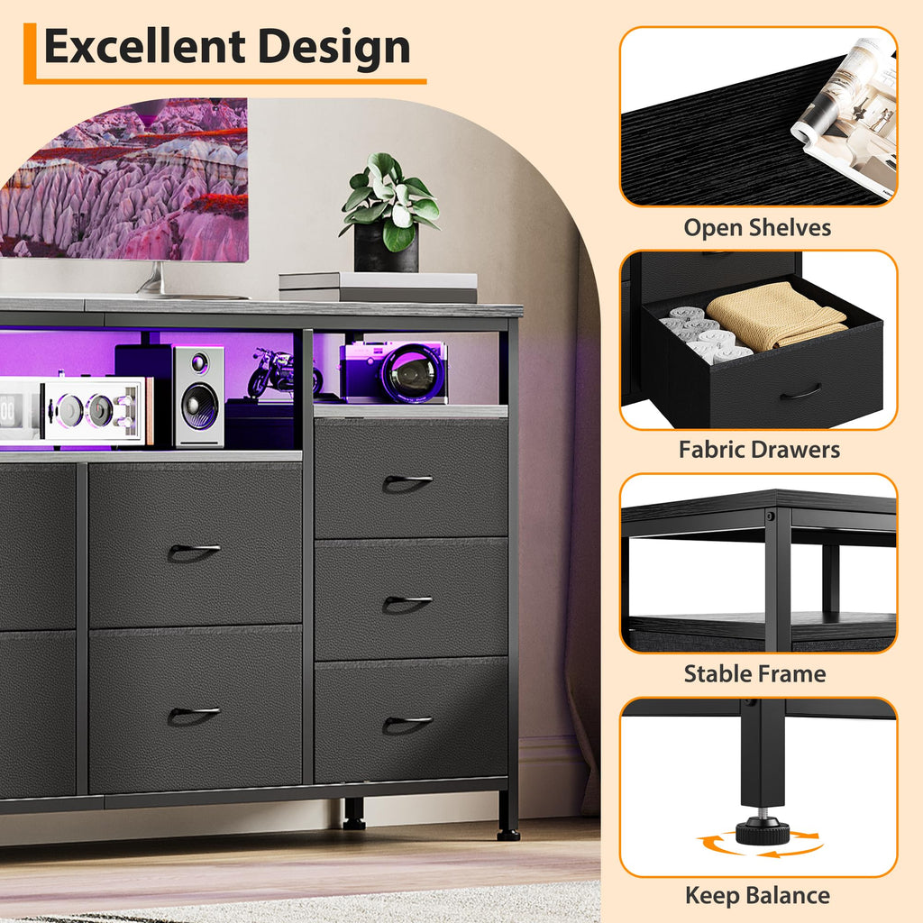Black 10 Drawer Fabric Dresser with LED Lights & Charging Ports H293