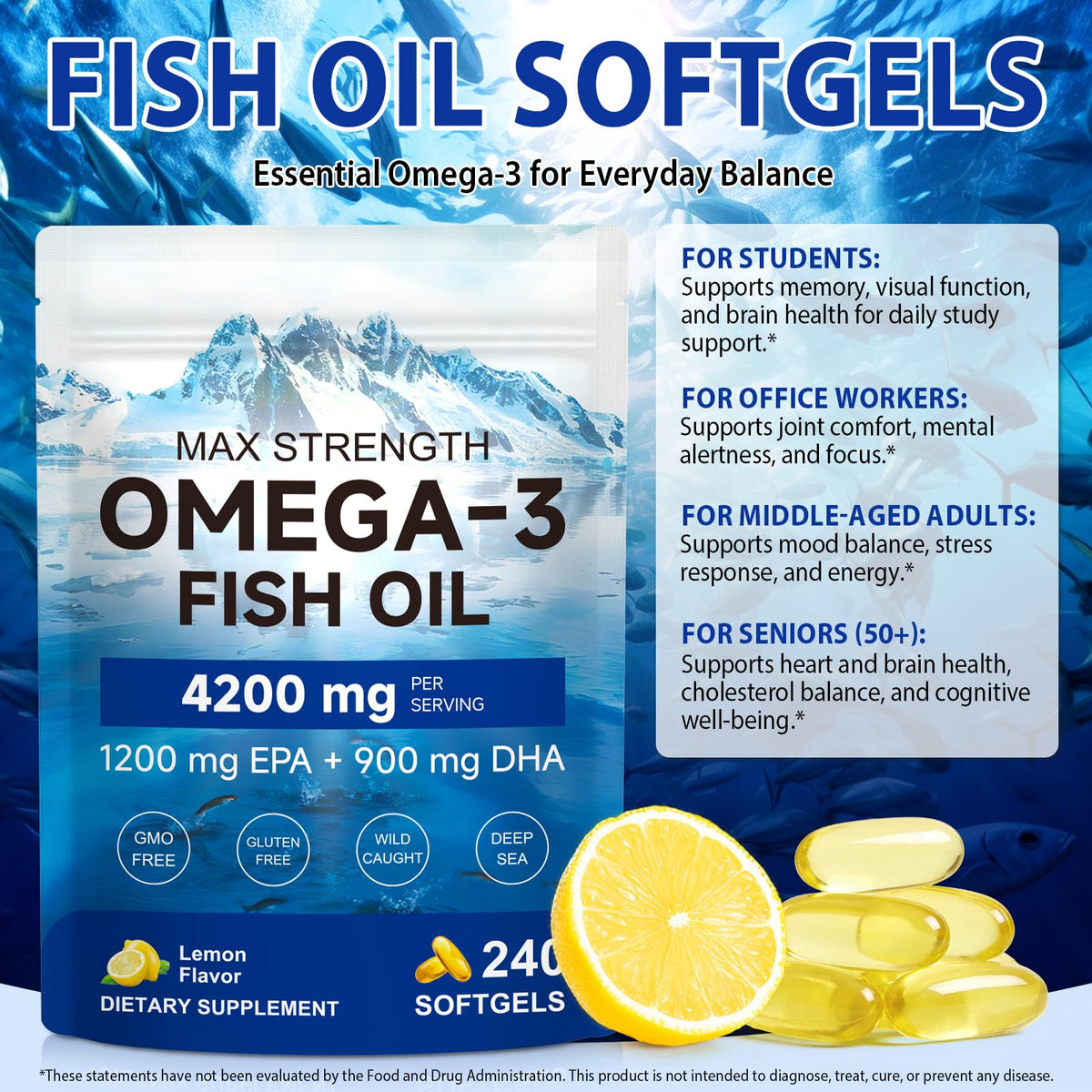 Omega 3 Fish Oil 4200mg 240 Softgels Lemon Flavor P993545