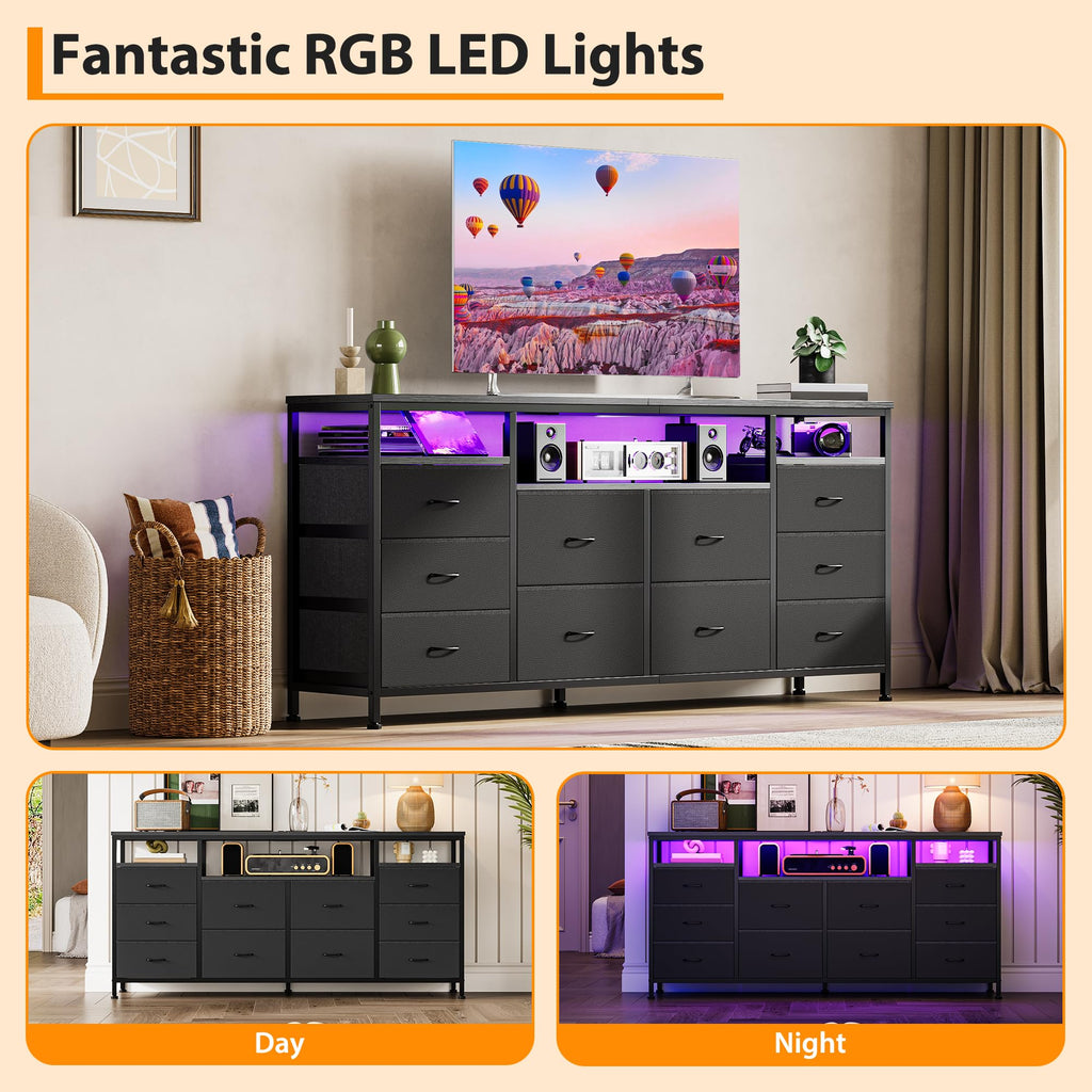 Black 10 Drawer Fabric Dresser with LED Lights & Charging Ports H293