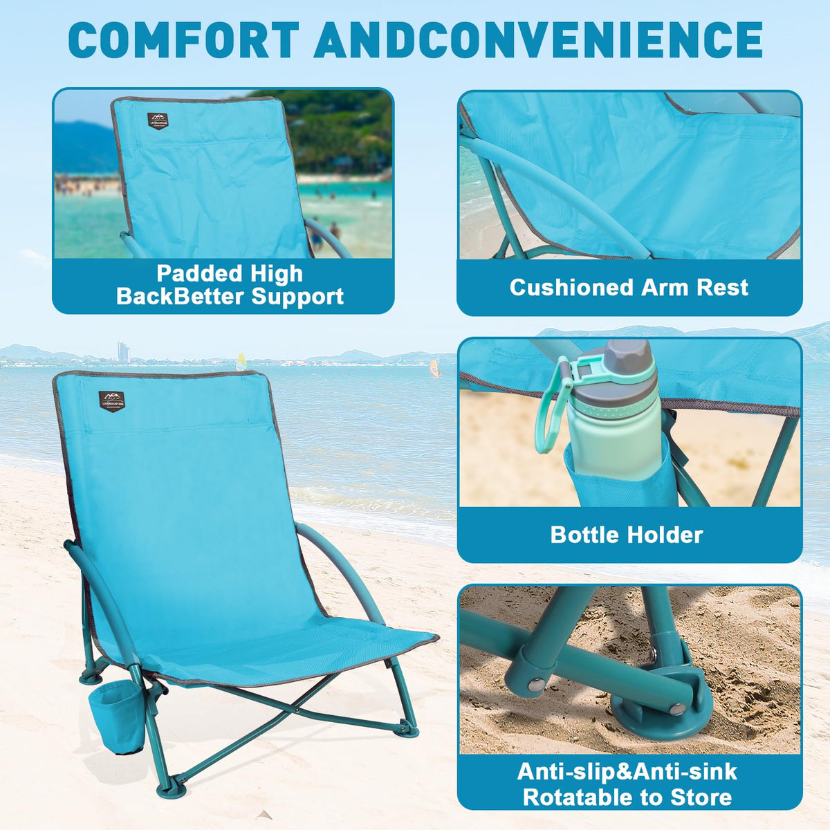 2 Pack Blue Low Beach Chair with Cup Holder and Carry Bag V6662