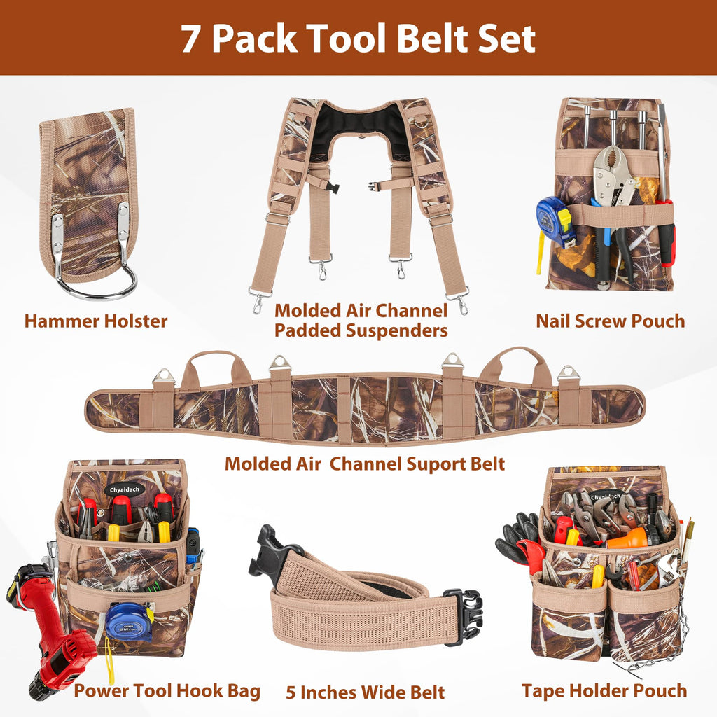 Camo 7 Piece Tool Belts with Suspenders and Pouches S7782