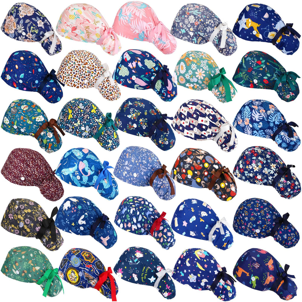 30 Pcs Scrub Caps with Buttons and Ribbon D1669
