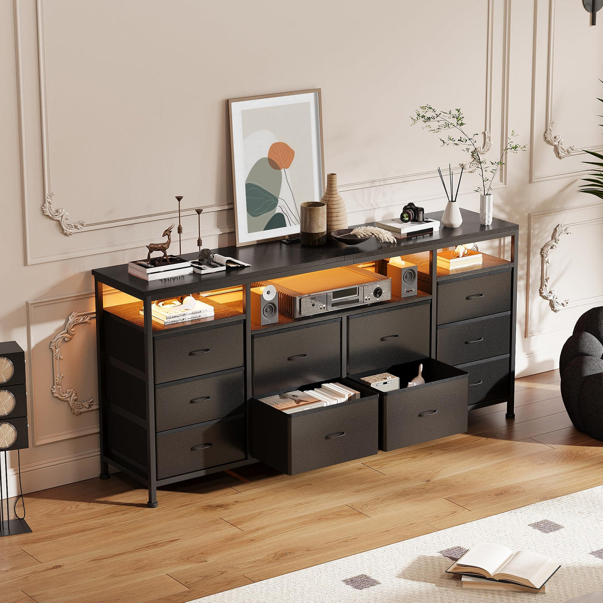 Black 10 Drawer Fabric Dresser with LED Lights & Charging Ports H293