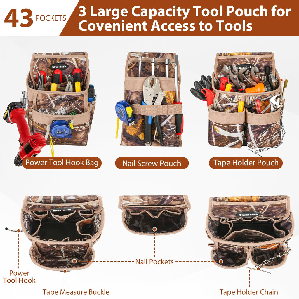 Camo 7 Piece Tool Belts with Suspenders and Pouches S7782