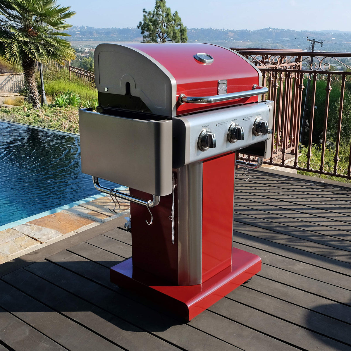 3-Burner Liquid Propane Gas Grill with Folding Sides, Wheels, 30000 BTU, Red P284
